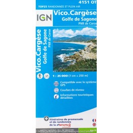 Carte de randonnée TOP 25 IGN Vico, Cargese, Golfe de Sargone 4151OT