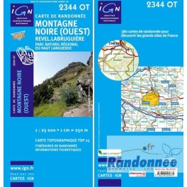 Carte de randonnée TOP25 IGN 2344OT MONTAGNE NOIRE OUEST Revel.Lbruguière PNR du Haut Languedoc