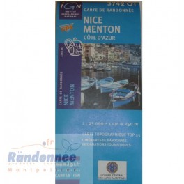 Carte de randonnée TOP25 IGN 3742OT NICE MENTON Côte d'Azur